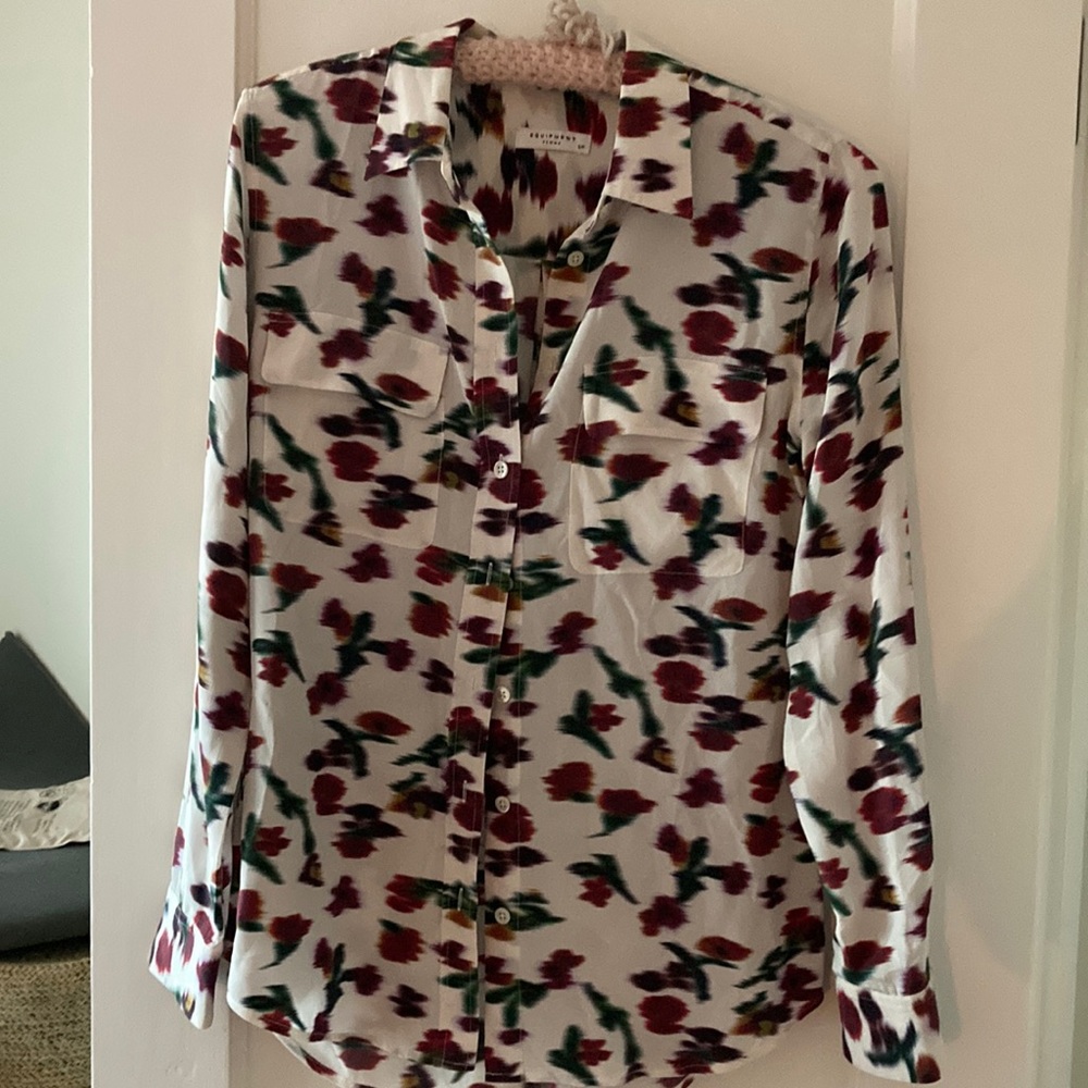 Equipment White Floral Print Button-Down Blouse with Burgundy and Green Accents